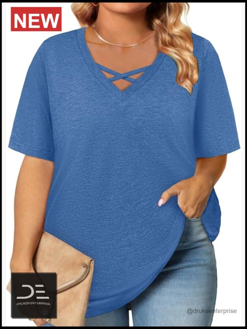 Plus Size Oversized Criss Cross Tunic Top - Soft Lightweight V-Neck Tee